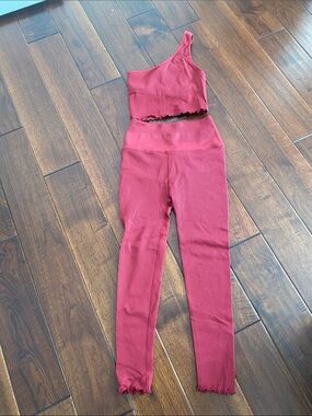 Spiritual Gangster Ribbed One-Shoulder Crop Top Berry Red with matching leggings